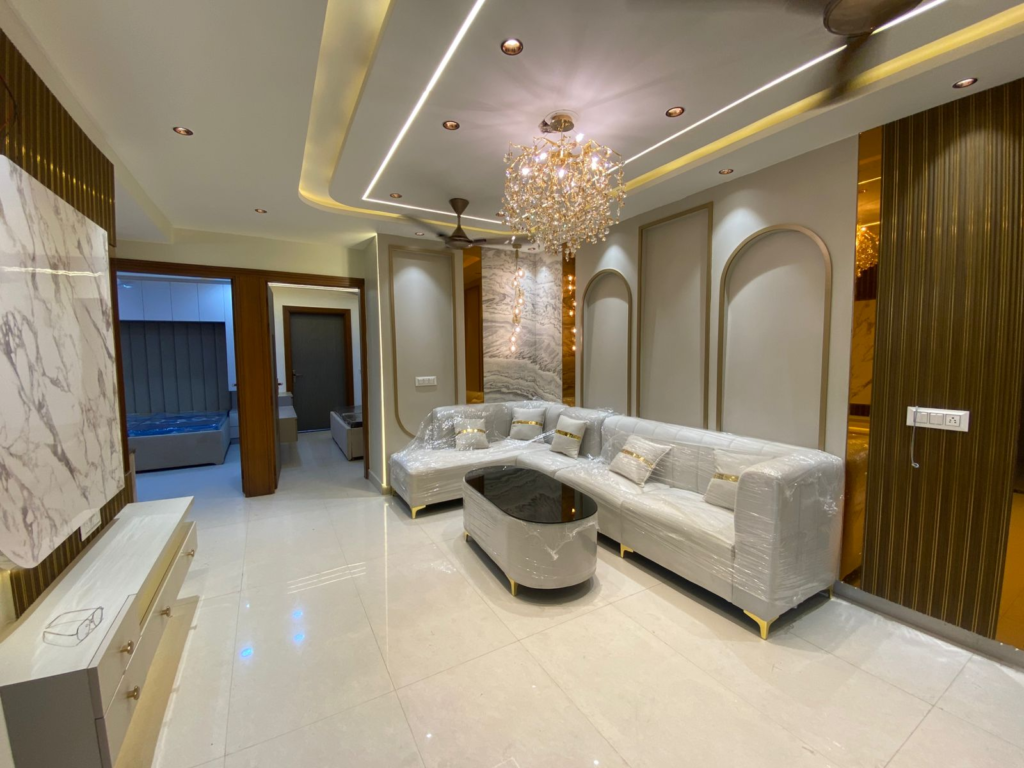 Modern living room with sofa and chandelier